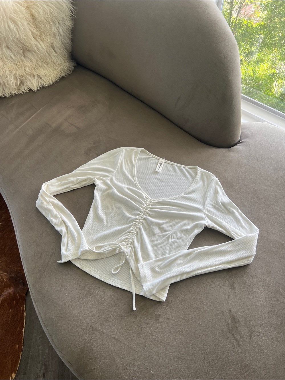 Ruched Drawstring Long Sleeve Top — White